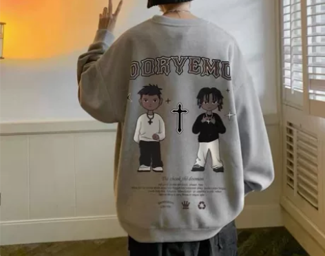 ins圆领华夫格男卫衣无帽港风宽松潮流大码...