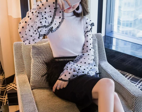 春装韩版新款女装波点毛衣配裙子两件套连衣裙...