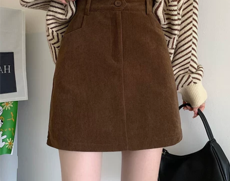秋冬咖色半身裙女灯芯绒短裙小个子棕色高腰A...