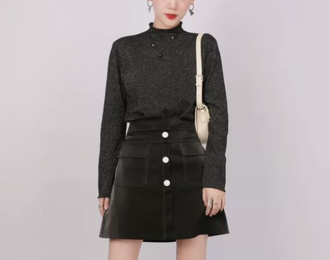 爱依服皮裙A字裙女秋冬黑色显瘦短裙半身裙时...