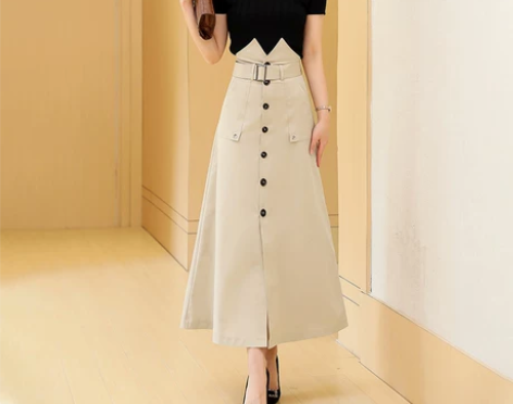 新款港版复古半身裙单排扣高腰A字修身显瘦军...