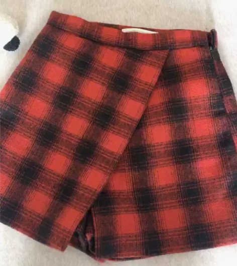 包邮 百搭韩国高腰红色格子A字裙 裙裤 厚...