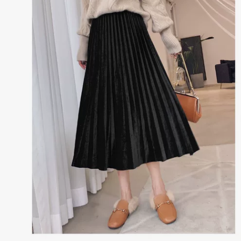 金丝绒百褶裙女春秋季2022新款黑色高腰显...