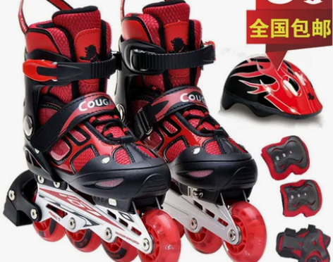 美洲狮正品溜冰鞋儿童全套装可调闪光轮滑鞋旱...