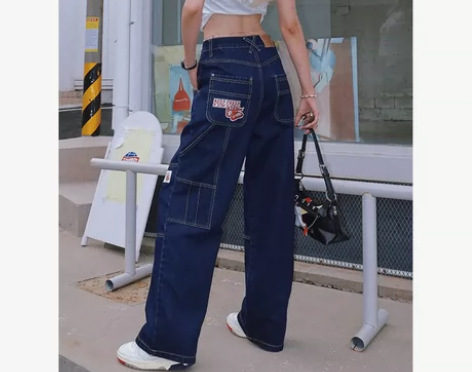 BeerBro 美式复古原牛刺绣高腰牛仔裤...