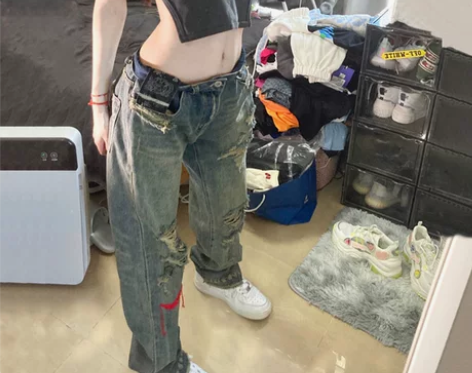 破洞牛仔裤子女夏季薄款ing国潮美式hip...