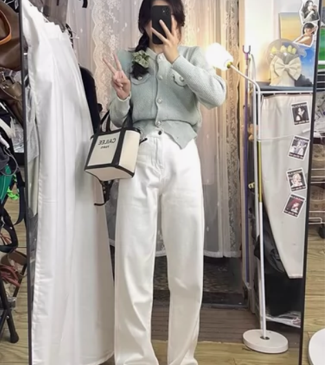 vqa2022夏秋白色高腰直筒牛仔裤女夏季...