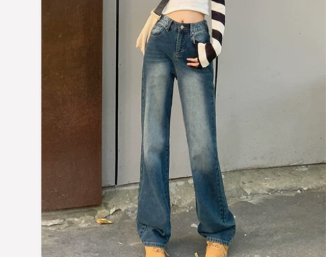 美式复古直筒牛仔裤女秋季新款高腰宽松显瘦小...