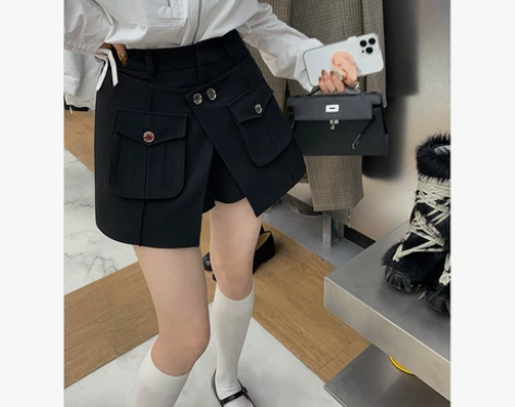 区区欧阳 黑色短裤女夏季新款高腰直筒休闲小...