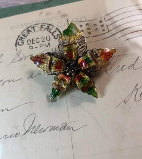 意大利 珐琅纯银鎏金胸针 掐丝工艺  珐琅...