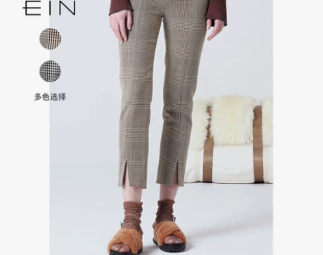 EIN言裤子女2021春季新款复古格纹裤通...
