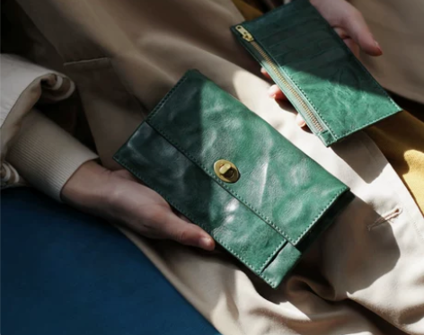 葱木复古绿色招财真皮长款搭扣钱包名媛手包卡...