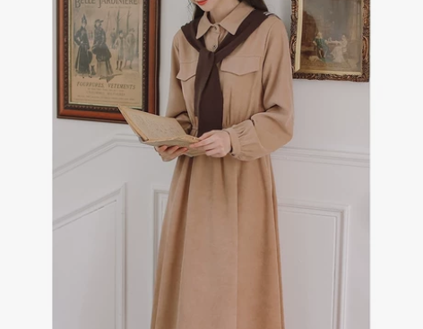 长袖收腰森系学生赫本风法式文艺复古桔梗裙子...