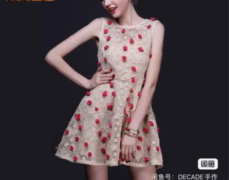 法式复古田园风立体小玫瑰镂空连衣裙，后背拉...