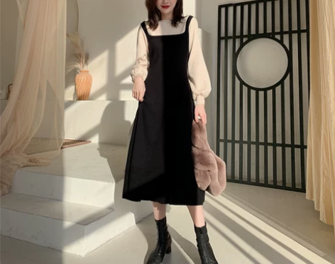 法式复古针织连衣裙女秋冬气质收腰灯笼袖假两...