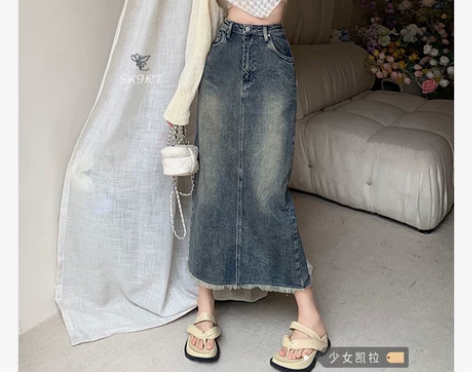 开叉牛仔半身裙女夏季2022年新款复古高腰...