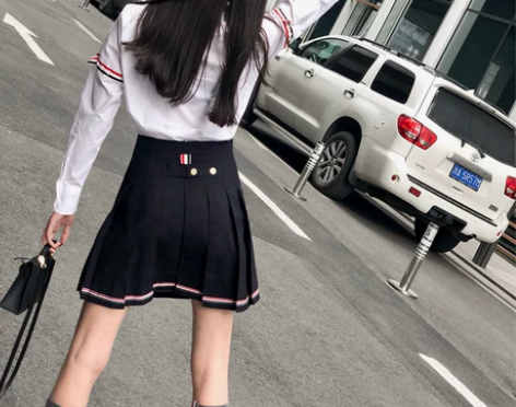 夏装新款tb风格百褶裙针织斜纹伞裙三色织带...