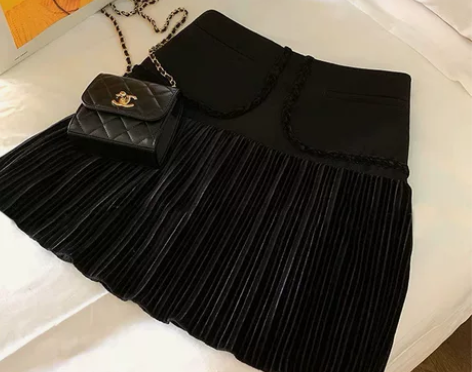 丝绒半身裙女秋冬高腰a字百褶裙短裙小个子打...