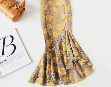 不规则褶皱蕾丝鱼尾裙高腰半身裙女夏包臀裙中...