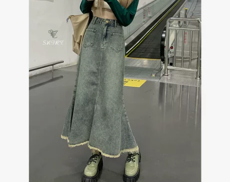 复古毛边牛仔半身裙女秋冬新款大码梨形身材高...