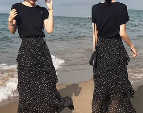 不规则碎花半身裙中长款高腰黑色蛋糕裙新款