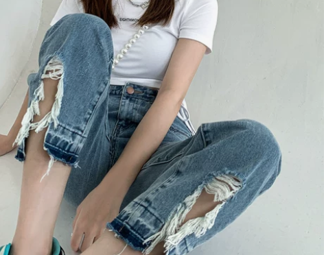 毛边破洞牛仔裤女直筒宽松高腰裤子胖妹妹大码...