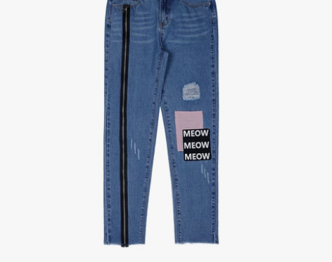 a02新款潮流贴布破洞拉链毛边chic直筒...