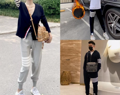 网红TB色织休闲男女款运动条纹小脚裤tb四...