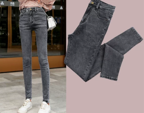 烟灰色牛仔裤女小脚裤2022秋冬款高腰显瘦...
