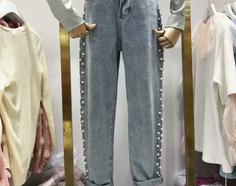 钉珠牛仔裤女直筒宽松春秋新款韩版高腰显瘦大...
