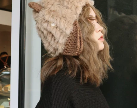 甜美可爱猫耳朵毛线帽韩版兔毛皮草帽子女日系...