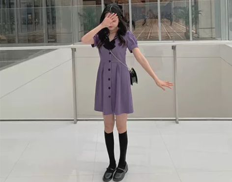 夏新款ins连衣裙女学生宽松紫色裙子甜美韩...
