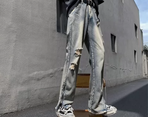 美式vibe风开叉破洞牛仔裤男夏季薄款潮牌...