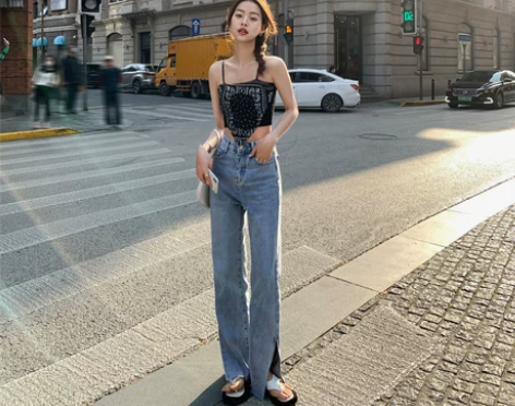 MULVAN蓝色开叉阔腿牛仔裤女2021新...