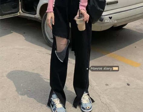 黑色开叉破洞高腰牛仔阔腿裤辣妹夏薄款女宽松...
