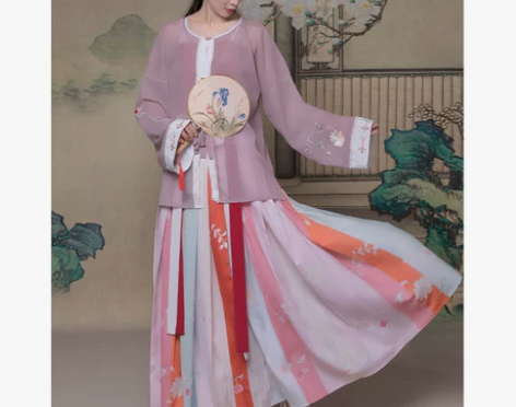 五五年三堇雏菊汉服女圆领衫一片式襦裙百褶裙...