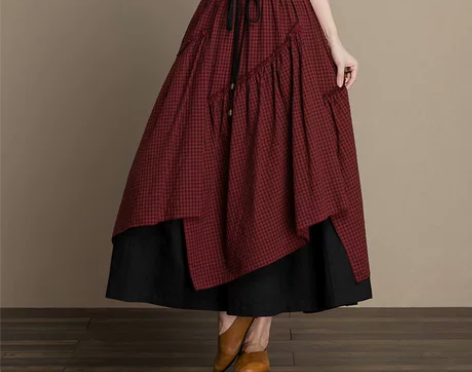 春秋松紧腰大摆高腰红色格子舞蹈裙子中长款文...