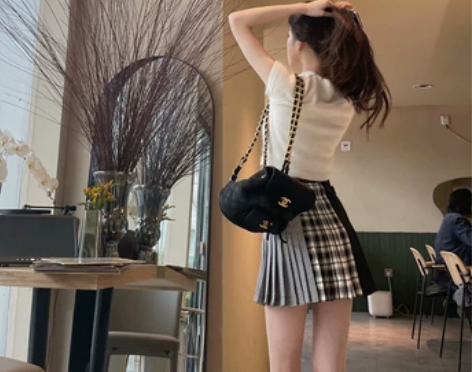女团学院风黑白拼色格子百褶裙jk格裙韩版高...