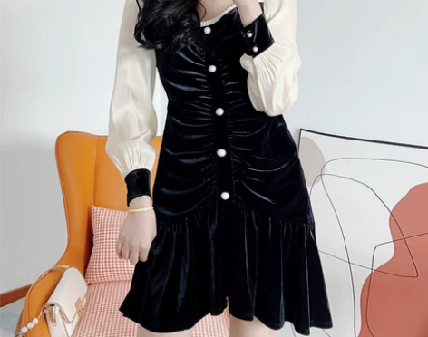 原 E家 丝绒褶皱方领长袖修身连衣裙鱼尾裙...