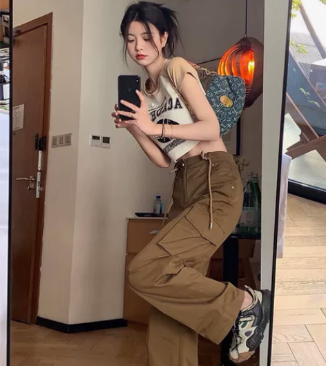 范智乔 抽绳设计感工装裤女夏季薄款高腰显瘦...