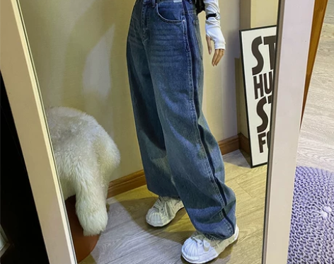 侧面撞色高腰牛仔裤女春季2022年新款宽松...