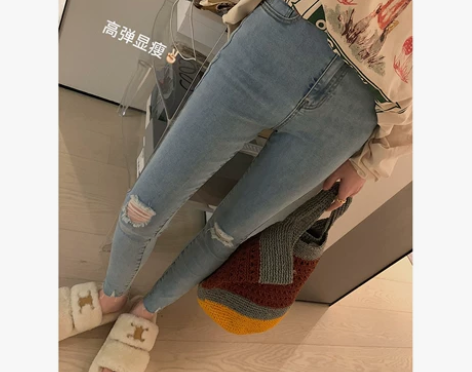 小宜定制【拽妹牛仔】裤女夏高腰破洞铅笔裤新...