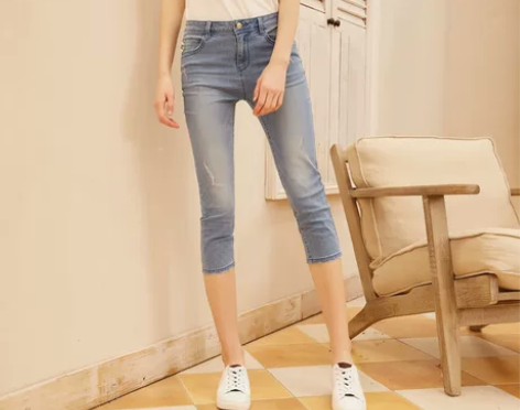 美特斯邦威七分牛仔裤女2018夏季新款中腰...