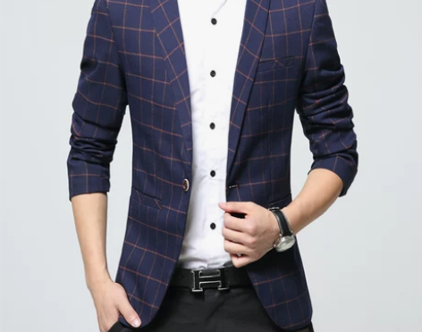 春秋季新款男士韩版商务西服休闲修身小西装格子外套加肥加大码潮...