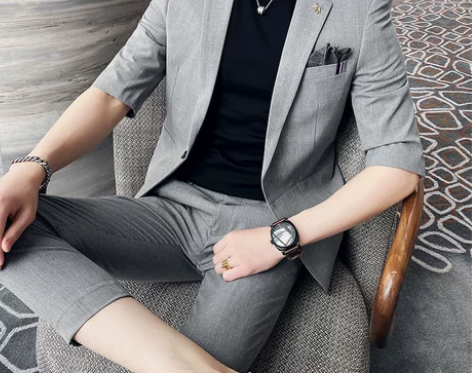 夏季休闲短袖西服套装男修身帅气七分袖大码小...