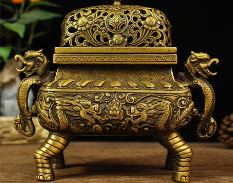 仿古纯铜 双龙戏珠香炉 四足双龙耳香薰炉禅...