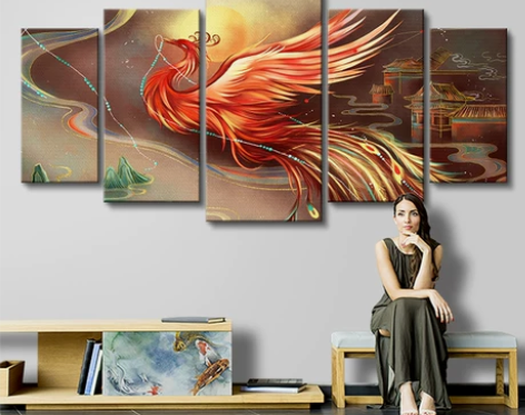 墙画壁画中国风山海经挂画凤凰涅槃朱雀神兽装...