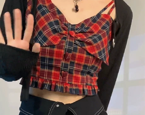 法式复古辣妹蝴蝶结红格子吊带背心女夏外穿打...