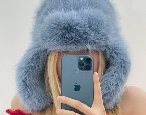 蓝色仿貂绒雷锋帽女东北长毛绒绒雪山防风防寒...