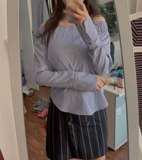 品牌一字肩海军风条纹衬衫+UR条纹半身裙 ...